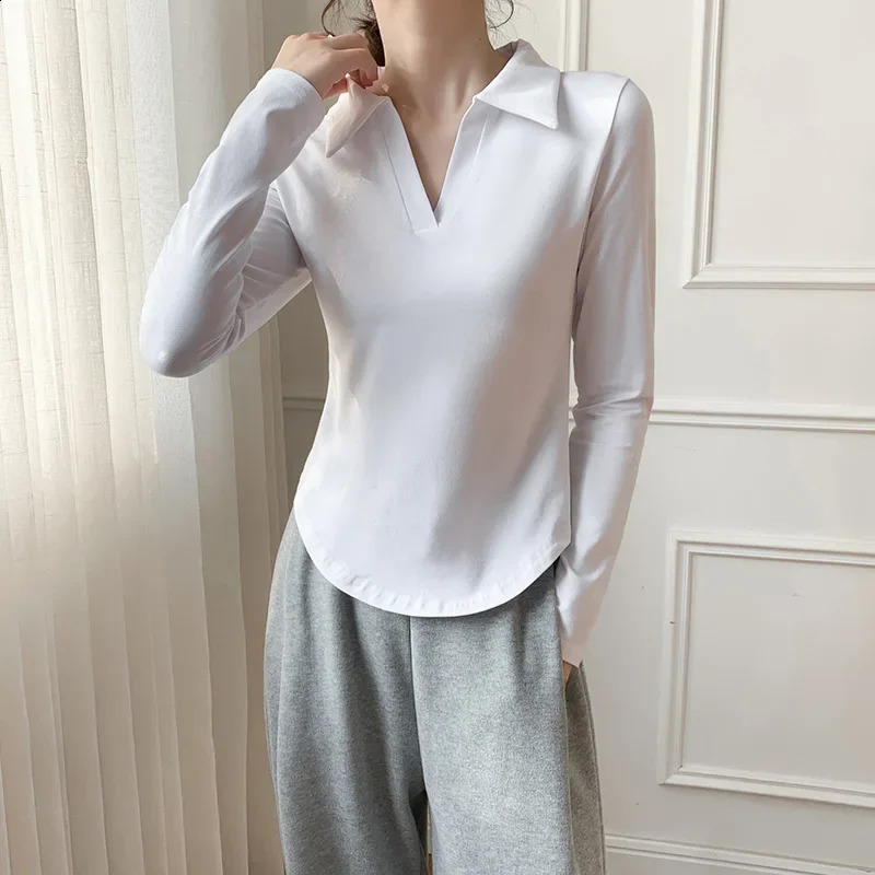 Korean fashion tight long sleeved T-shirt for womens autumn cotton lapel polo neck Y2k top for womens ultra-thin polo shirt 240827