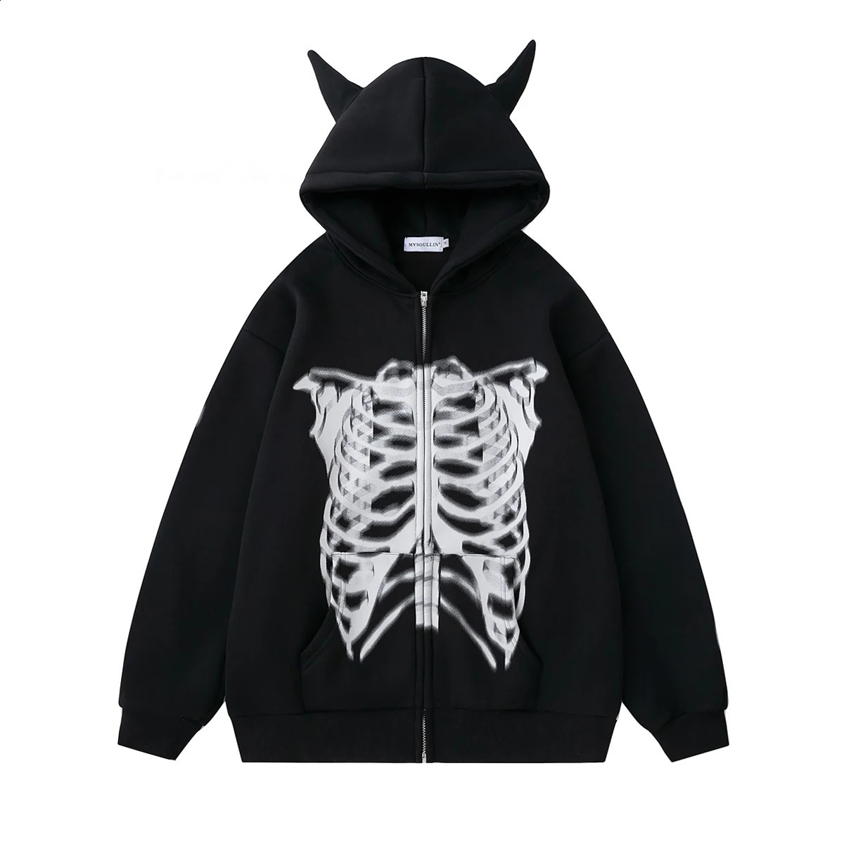 American hiphop graffiti printed velvet cardigan mens and womens fashion street horn hooded jacket European sweatshirt 240826