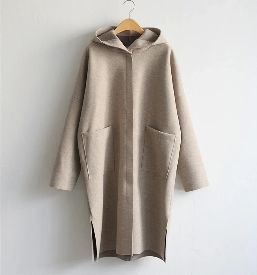 Large hooded sweatshirt for women windproof machine casual loose swing door collar top Trenchcoat laminated wool coat Spring and Autumn S3XL 240826