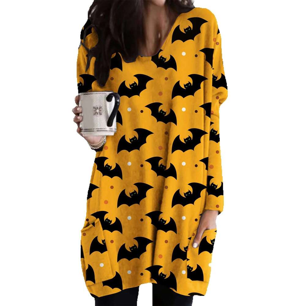 2024 Autumn/Winter New Halloween Cat Pumpkin Long Sleeved Dress