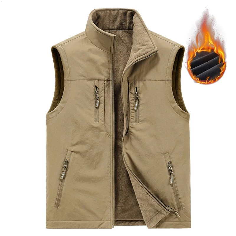 6XL Mens Double-sided Camping Vests Warm Fleece Multi-pocket Utility Casual Tactical Outerwear Outdoor Hiking Cargo Cotton Vests 240826