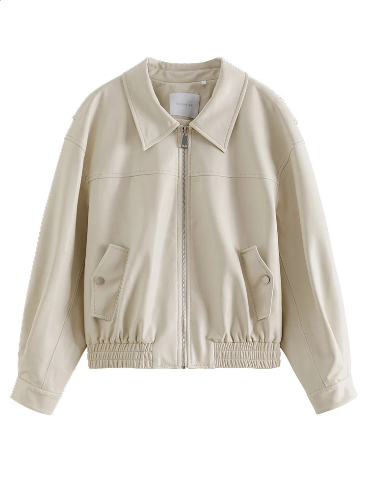 DUSHU Classic Jacket Leather Coat Autumn Ultra Thin Retro Hong Kong Style Flip Collar Casual Womens Loose 240826