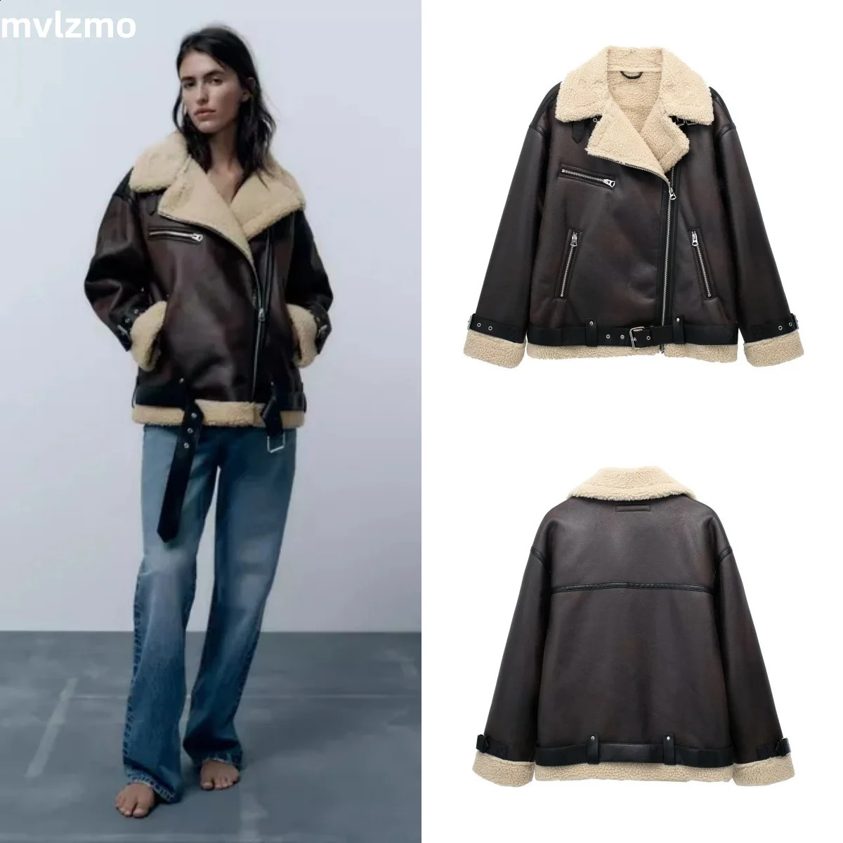 2024 Autumn Womens Fashion Thick and Warm Imitation Sheep Shearling Coat Retro Long Sleeve Bunched Waist hem Womens Coat 240827