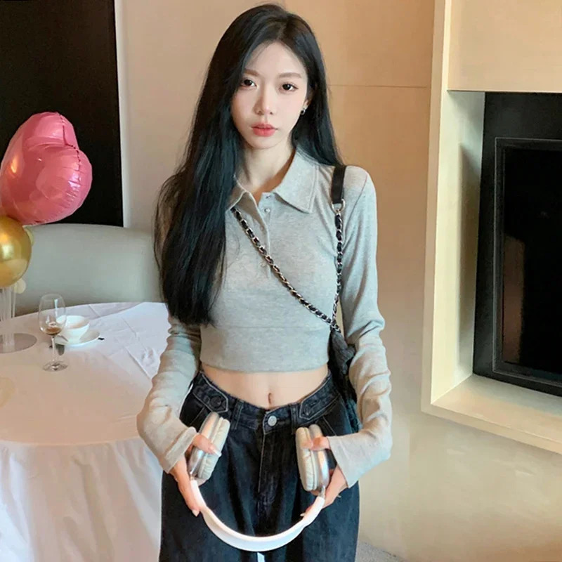 Harajuku long sleeved polo neck solid casual slim button T-shirt for autumn and winter womens thick T-shirt 240827