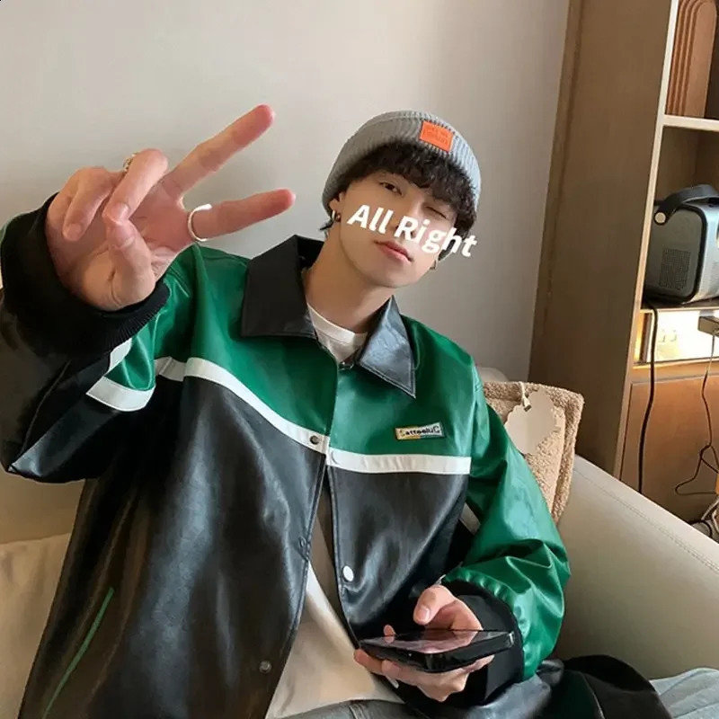 Street ruffian handsome pu leather bomber jacket couple American motorcycle suit baseball uniform retro fashion leather jacket 240827