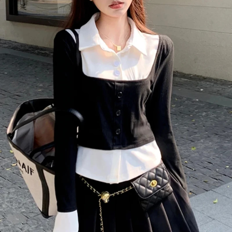 Womens basic polo neck T-shirt suitable for young and elegant womens long sleeved polyester Y2k fashionable style with high-quality collar 240827