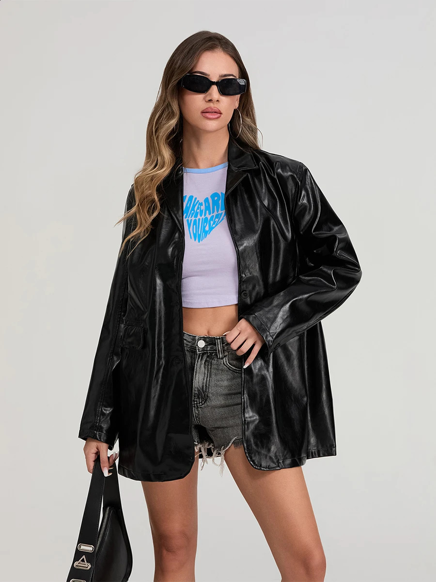 WSEVYPO PU synthetic leather jacket retro solid collar loose jacket womens jacket autumn and winter womens leather set 240827