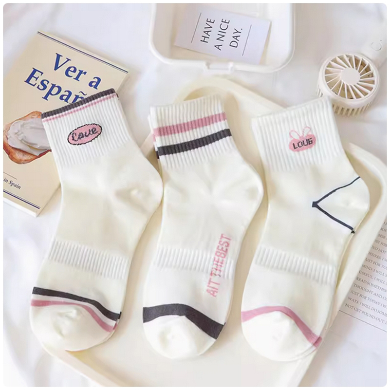 OC-Chery B9001 Spring and Autumn Girls' Socks Shallow Mouth Stripe Letter Cut Student Motion Short Socks Polyester Wholesale 5 Colors