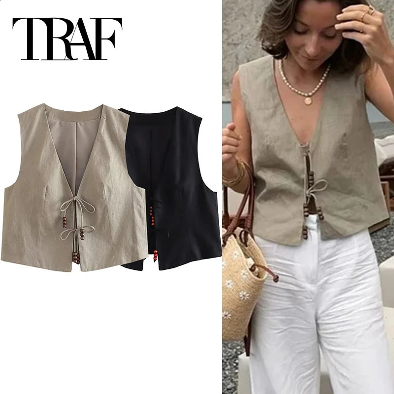 TRAF 2024 Black Cropped Vest Women Jacket Beading Tied Sleeveless Woman Fashion V Neck Summer Short Coats Waistcoat 240826