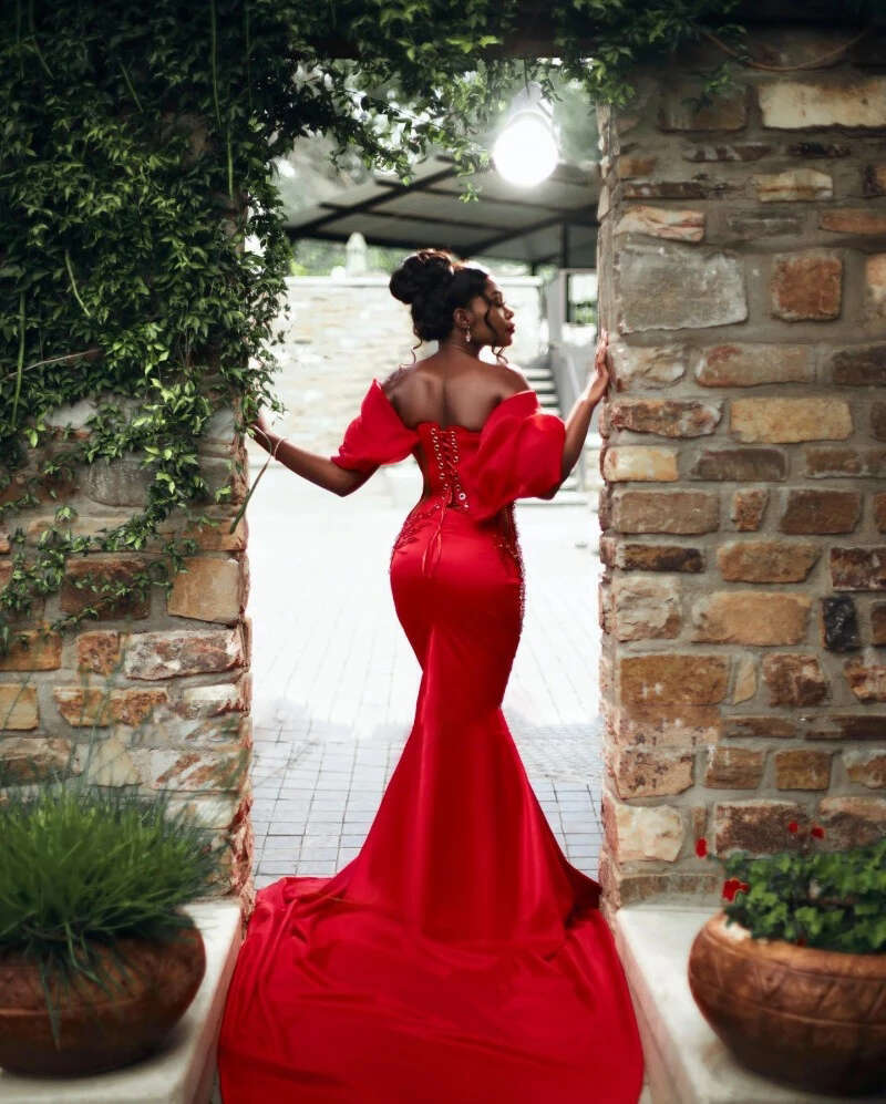 Vintage Red Mermaid Dree Style African Party Gown Beading Off Shoulder Formal Ocn Dre 1107