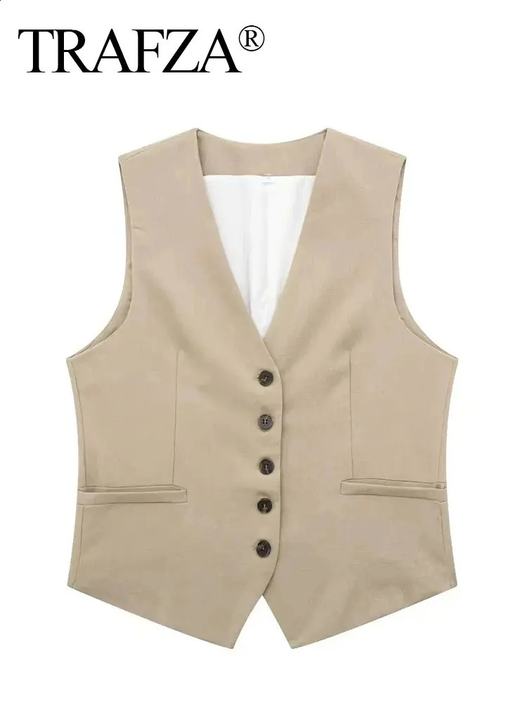 TRAFZA Womens Fashion Solid Vest Top Vintage V Neck Button Loose Casual Vests Summer Y2k Woman Streetwear Chic Tops Outerwear 240826