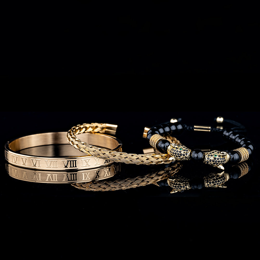 3PCS Mens Premium Black Agate Beaded Bracelet Set - Double Leopard Head, Roman Numerals, Adjustable Braided Design Bracelets Men Bracelets