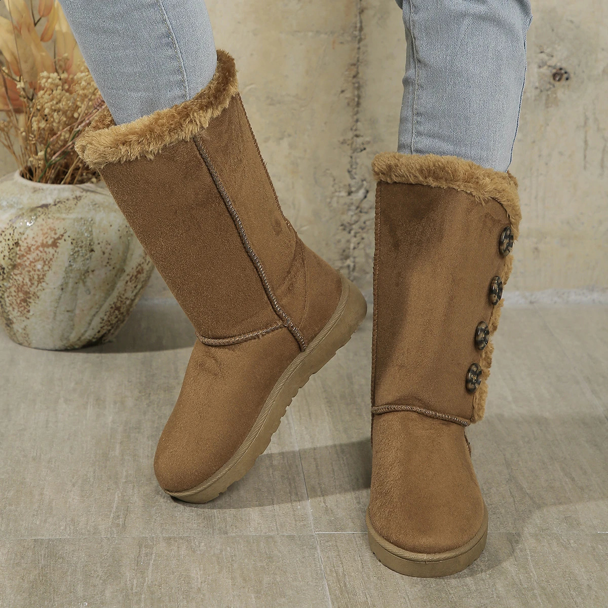 Womens Faux Suede Fur Long Boots Autumn Waterproof Non-slip Mid Calf Boots Casual Comfort Platform Ladies Plush Shoes Botas 240830