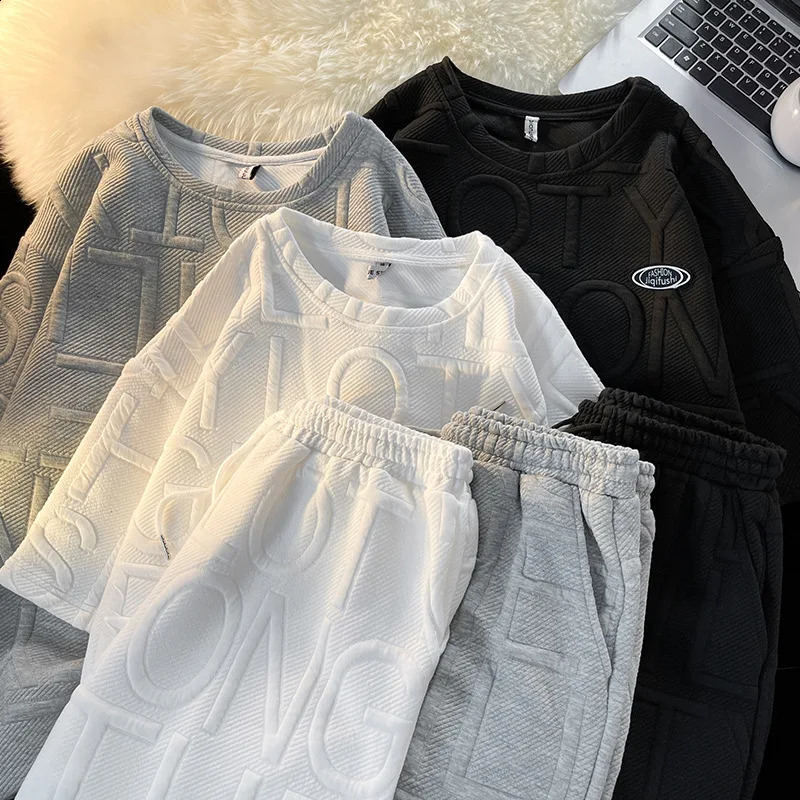 Summer mens sportswear casual round neck short sleeved and short sleeved sportswear mens letter printing 2-piece set 240827