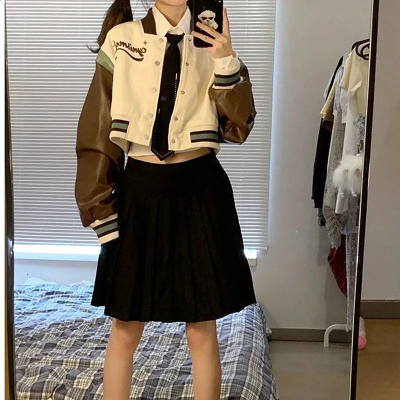 Deeotown Y2k Harajuku Cropped Baseball Jackets Letter Print Sweet Oversized Coat Women Leather Jackets Korean Fashion Streetwear 240827
