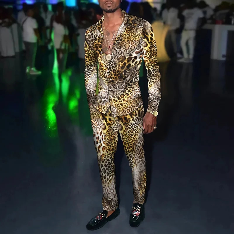 Summer fashion mens casual sportswear leopard print 3D printed mens lapel long sleeved shirt long pants two-piece outfit 240827