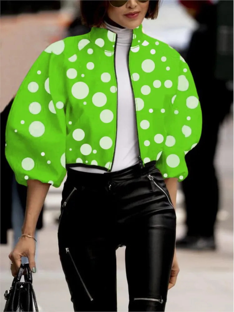 Womens Fashion Polka Dot Printed Cut Top Jacket Spring/Summer Autumn Jacket Zipper Jacket Street Womens Casual Jacket Top 240827