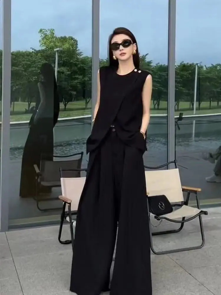 Vintage Elegant Blazer Vest Set Chic Sleeveless Solid Tank Top and Wide Leg Trousers Pantsuit Outfits Summer Korean Clothes 240826