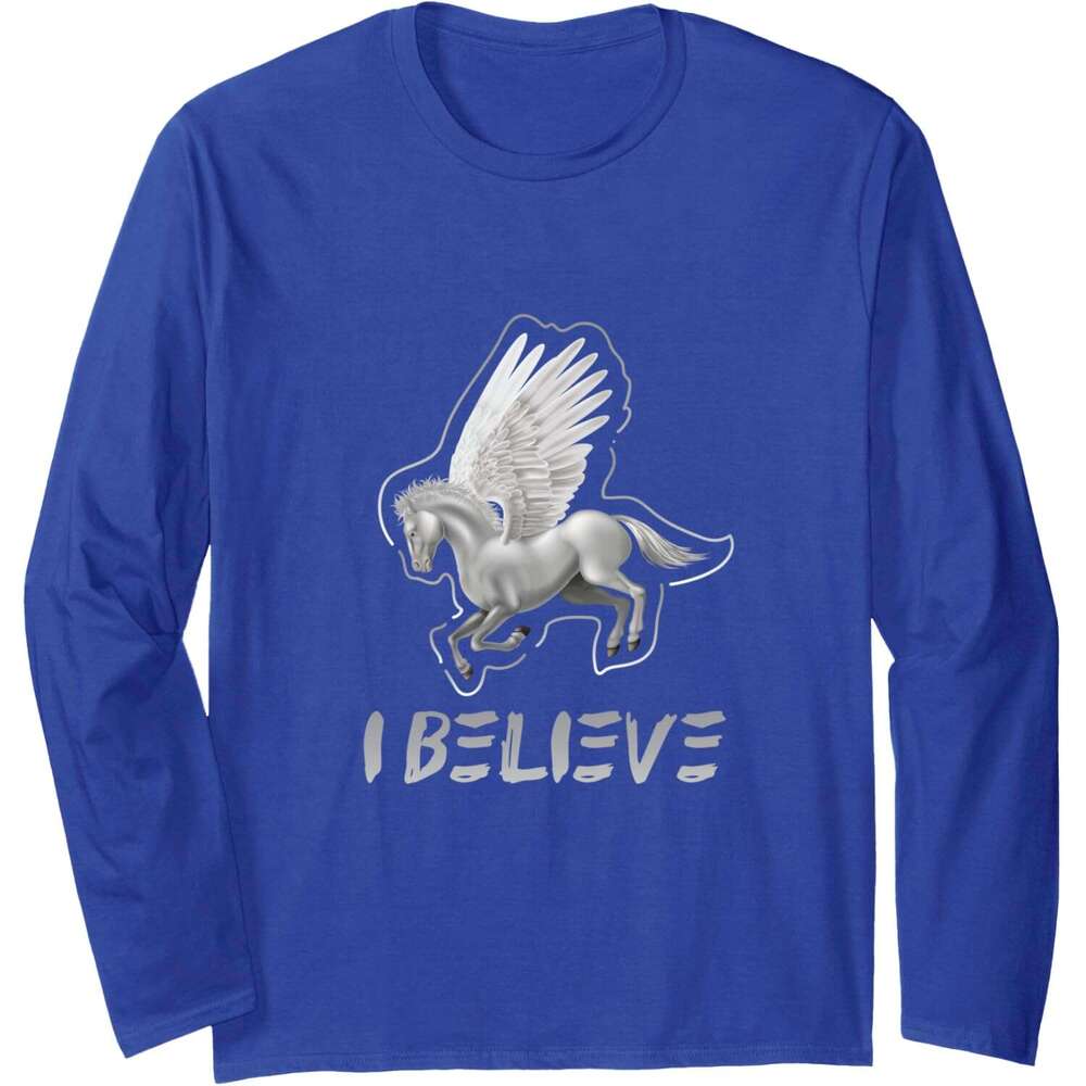 Long Sleeve Shirts For Men Sweatshirt I Believe Flying White Pegasus Unicorn Funny Gift Tee Streetwear Casual Tops Free shipping