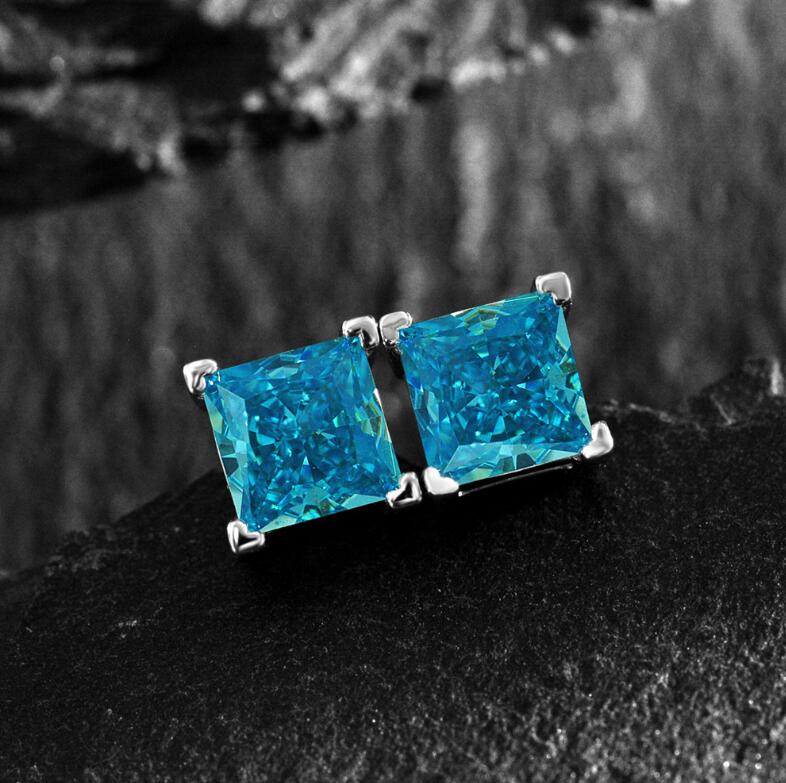 Moissanite Stud Earrings: 1.5CT Princess Cut Aquamarine in 100% Sterg Sier