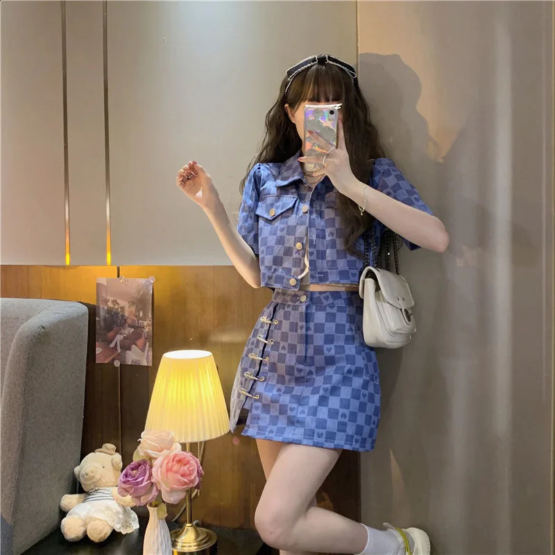 summer short sleeved jacket plain shirt twopiece set womens coat cropped top dress 240827