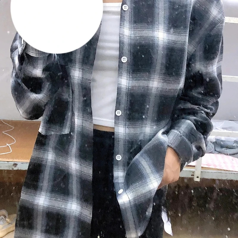 Vintage Plaid Shirts Oversize Basics Long Sleeve Turn-down Collar Pocket Loose Single Breasted Casual Thin Coat 240826