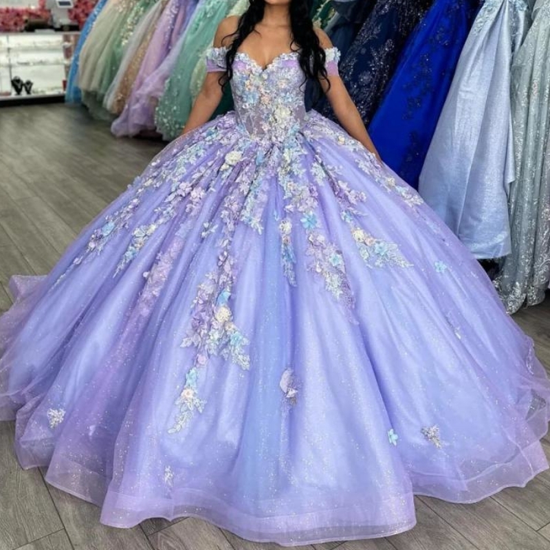 Lilac Shiny Off The Shouler Ball Gown Quinceanera Dresses For 15 Girls Beaded Appliques Graduation Celebrity Party Gowns