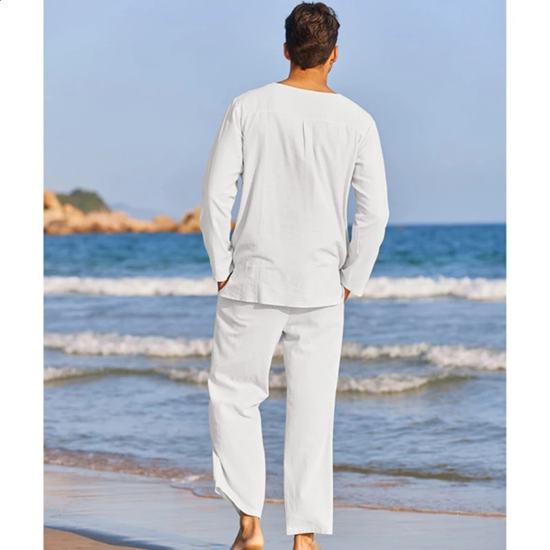 White linen mens summer cotton linen clothing solid color long sleeved Henry shirt elastic waist drawstring pants 2 240827