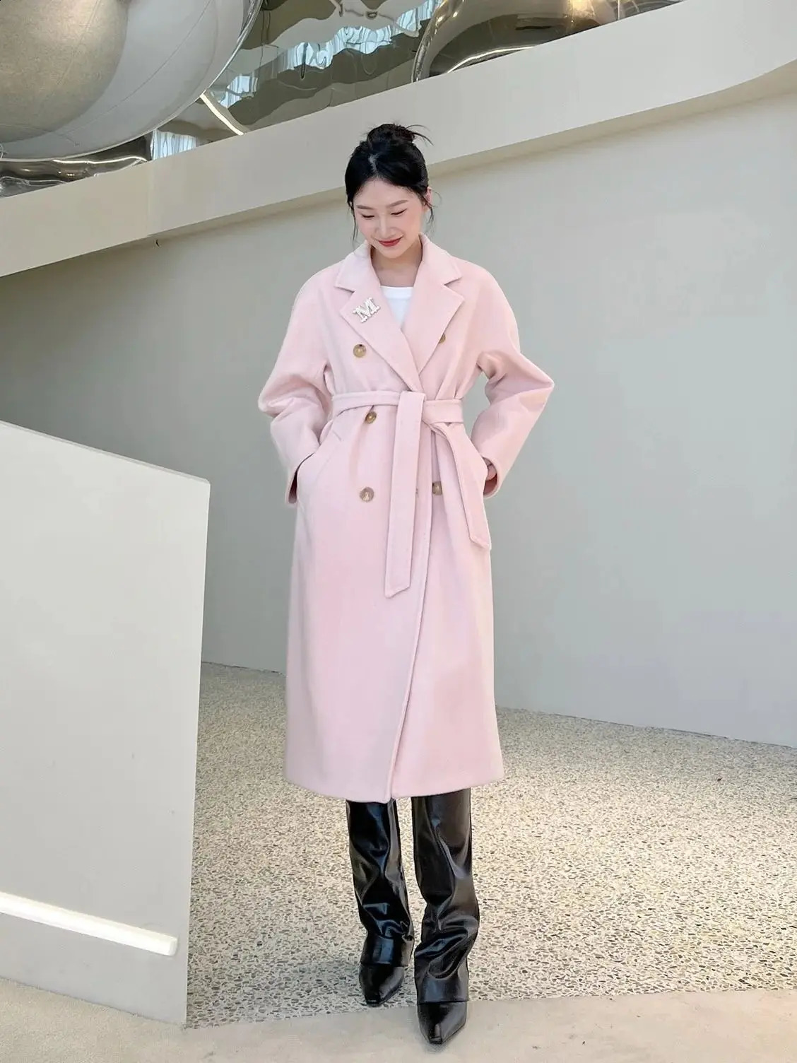 High end winter cashmere coat for women camel colored long black wool classic double breasted lace gray red 240826