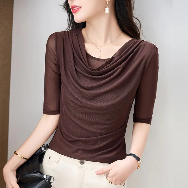 Womens short sleeved Tshirt pleated slim fit top monochrome mesh simple casual summer wear temperature 240827