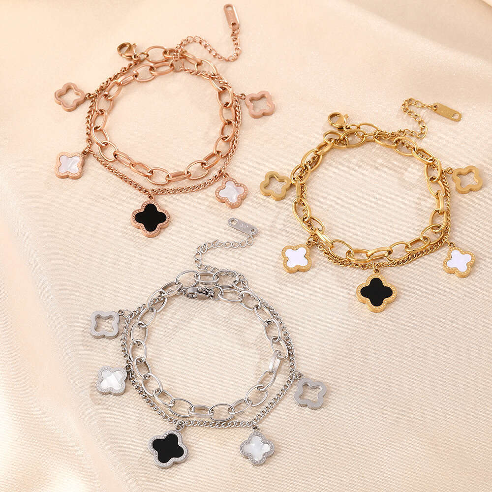 Clover Bracelet Women Luxury Designer jewelry double-layer 4/ Leaf Bracelets 18K Gold Silver Plate Agate Diamond Fashion Charm Chain Wedding Gift Part
