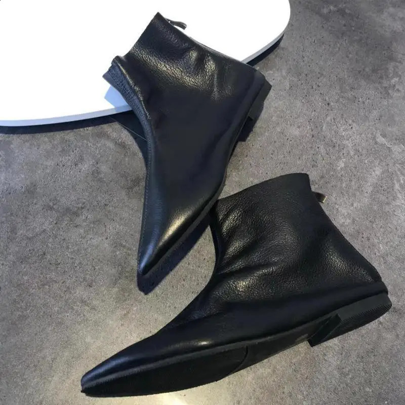 Pointed Toe flat single short boots for women soft genuine cowhide leather flat anti slip Versatile Boots size 44 240827