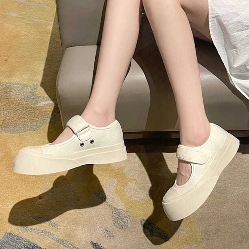 womens flat shoes platform canvas Mary Jane casual round toe canvas platform shoes outdoor white autumn single shoes 35-40 240827