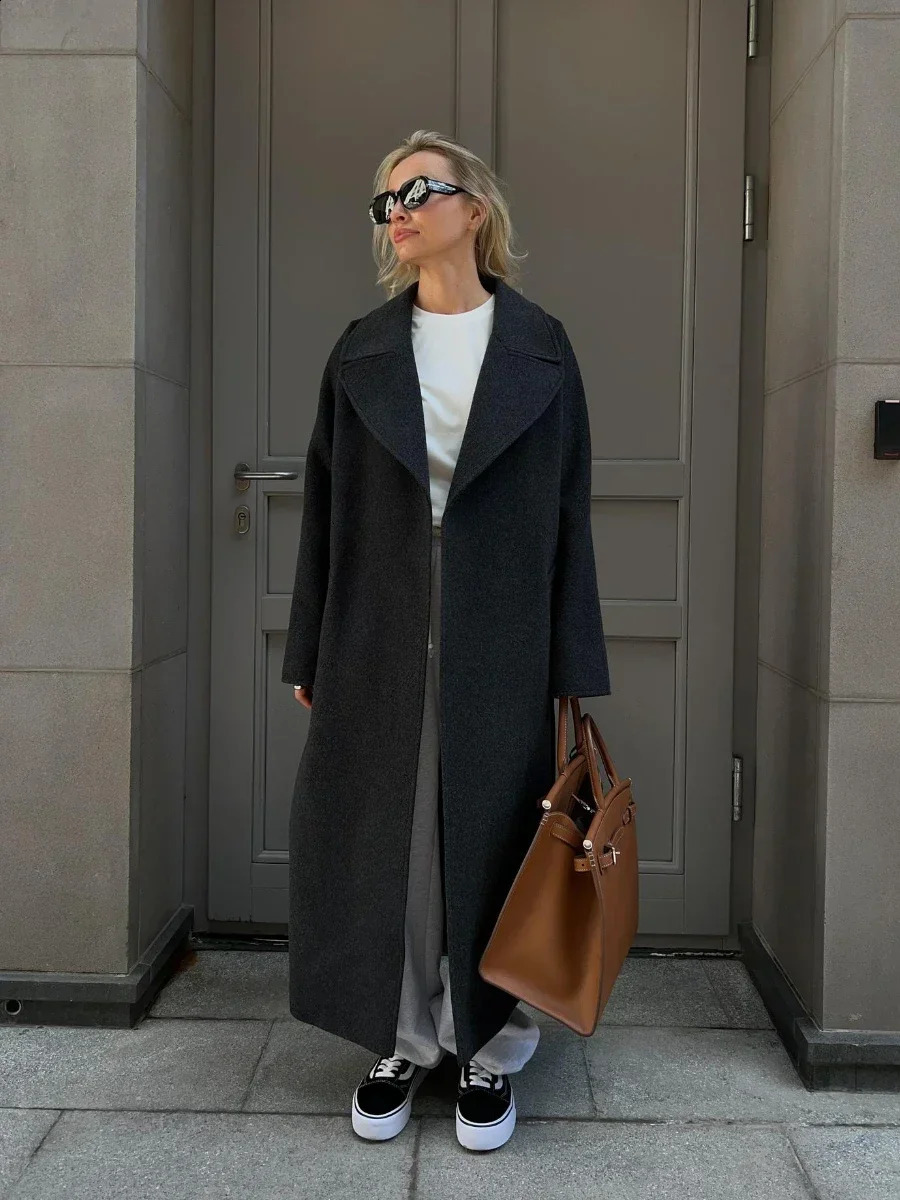 Bornlades Winter Thick Wool Coat Womens Belt Loose Long Jacket Office Autumn Warm Blended 240826