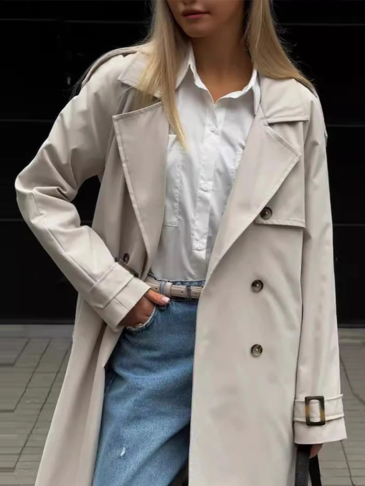 Trench coat womens double perforated autumn British style windbreaker with belt ultrathin jacket casual long 240826