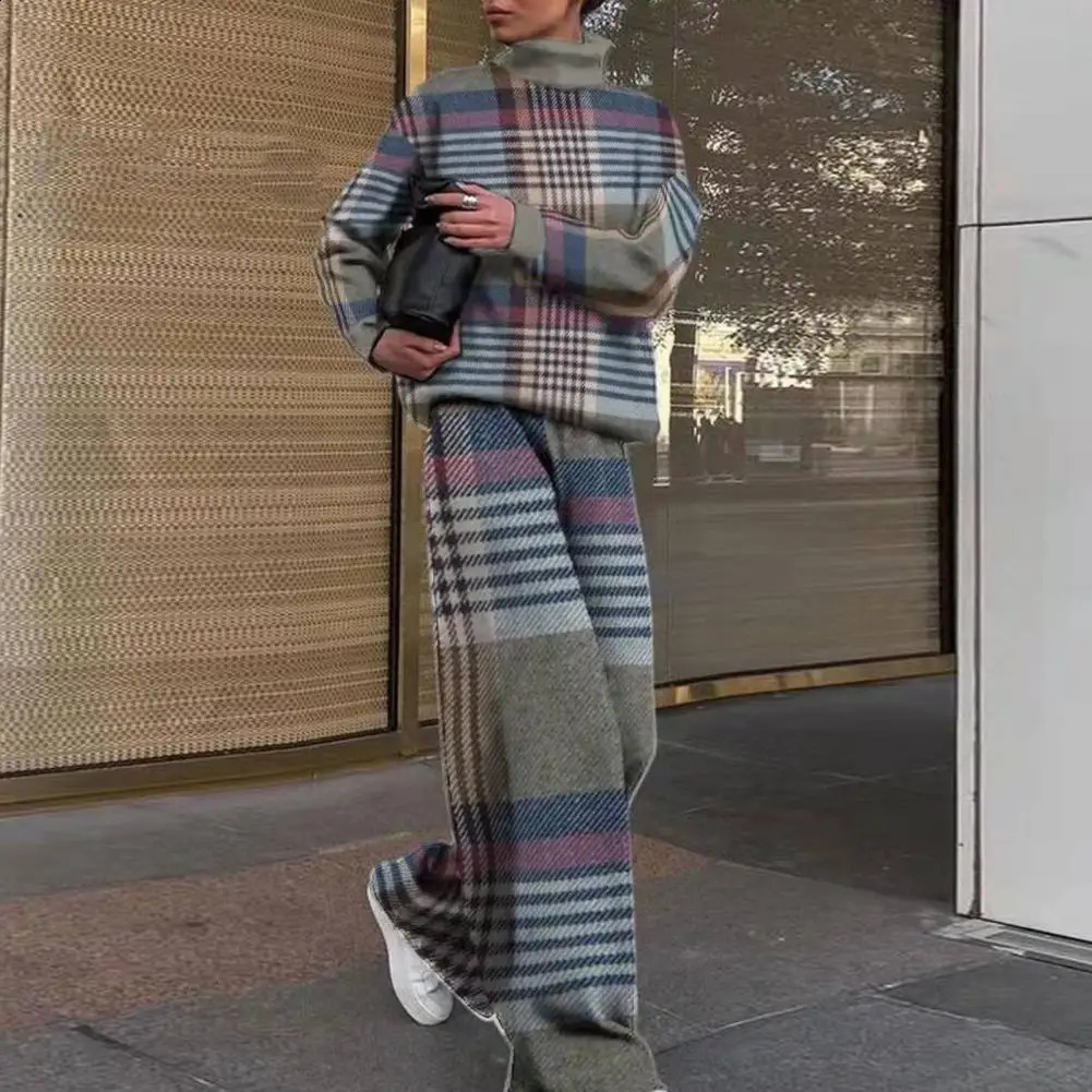 Turtleneck Rhombus Pant Sets Women Outfit Autumn Vintage Plaid Pullover High-Waist Straight Wide Leg Pants Blouse Trousers 240826