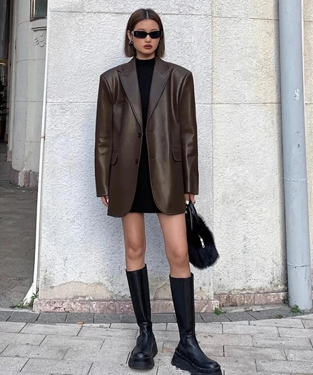 Womens Black Brown Soft PU Leather Blazer Shoulder Pads Long Sleeve Single Breasted Loose Casual Jacket Tops Korean Fashion Coat 240826