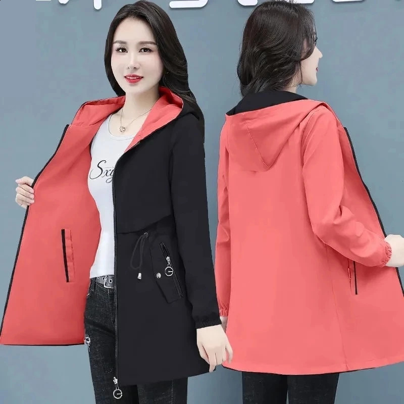 Double sided trench coat womens Spring and Autumn clothing hooded plus size windproof jacket 240826