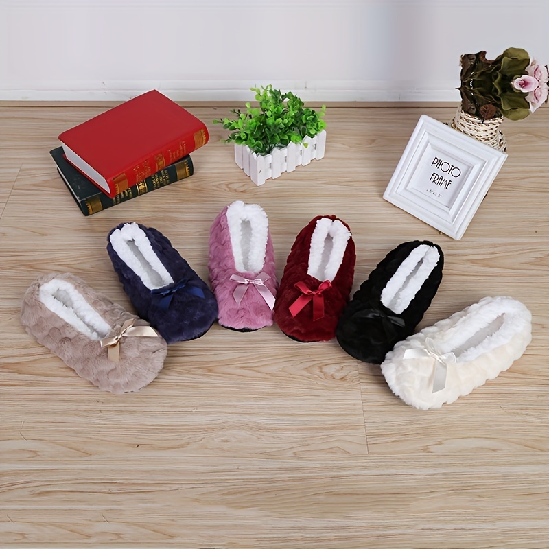 Cute Bowknot Plush House Slippers boots, Solid Color Slip On Fuzzy Flat Shoes, Winter Warm Home Floor Slippers booties