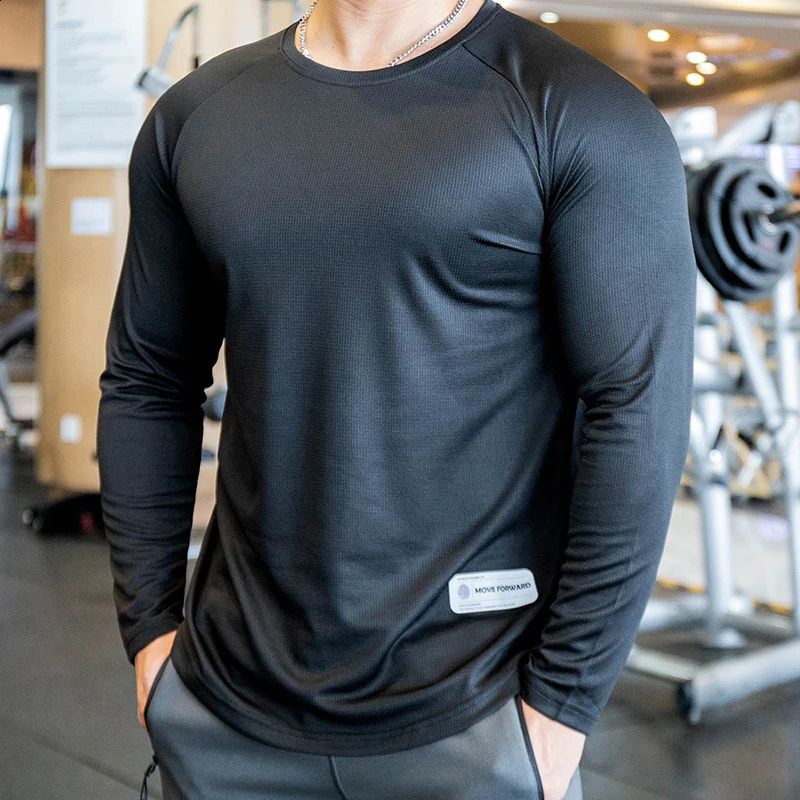 autumn winter mens long sleeved fitness fast drying running sportswear gym training loose round neck Tshirt 240827