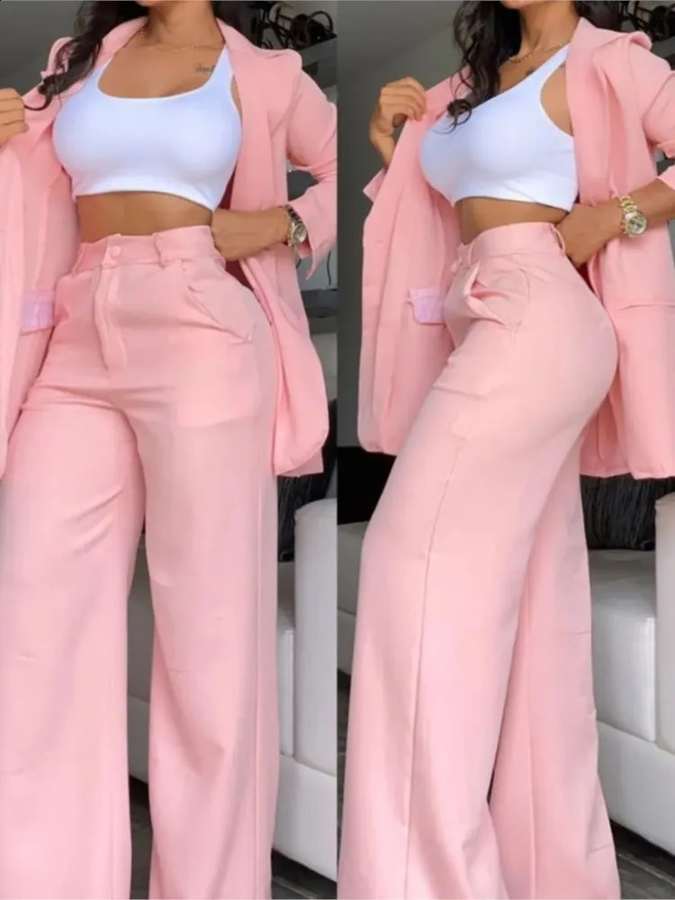 Autumn Womens Fashion Solid Notched Collar Suit Two Piece Business Office Casual Elegant Womens Blazer Coat Trousers Set 240826