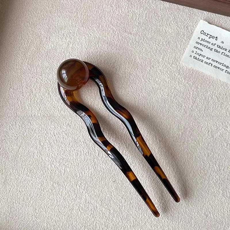 New Chinese style acetic acid U-shaped hair stick womens retro resin ball head flat bottom hair clip W240816