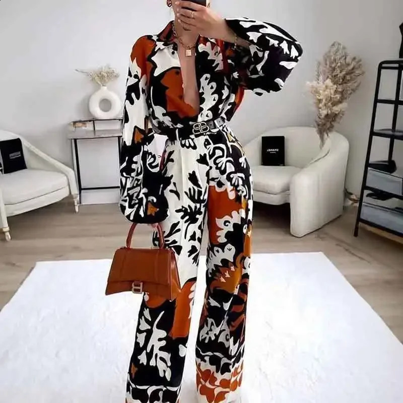 Fashions Printed Two Piece Set Women Autumn Pant Sets Lapel Long Sleeve Shirts High Waist Wide Leg Pants Suits Casual 240826