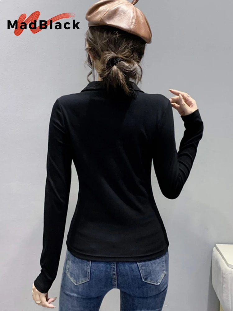 MadBlack autumn spring European clothing cotton T-shirt sexy lapel pocket zipper womens top womens casual T-shirt T31713X 240827