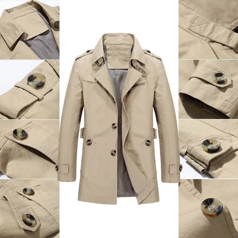 Mens business windproof long sleeved jacket pure cotton trench coat casual spring summer winter fashion set street clothing 240827