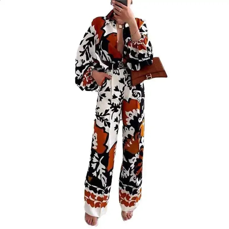 Fashions Printed Two Piece Set Women Autumn Pant Sets Lapel Long Sleeve Shirts High Waist Wide Leg Pants Suits Casual 240826