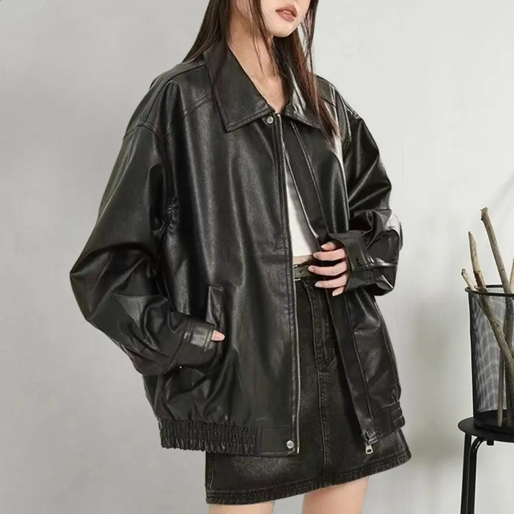 Womens faux leather jacket loose fit womens coat retro American style womens faux leather jacket loose fit zipper pocket 240827