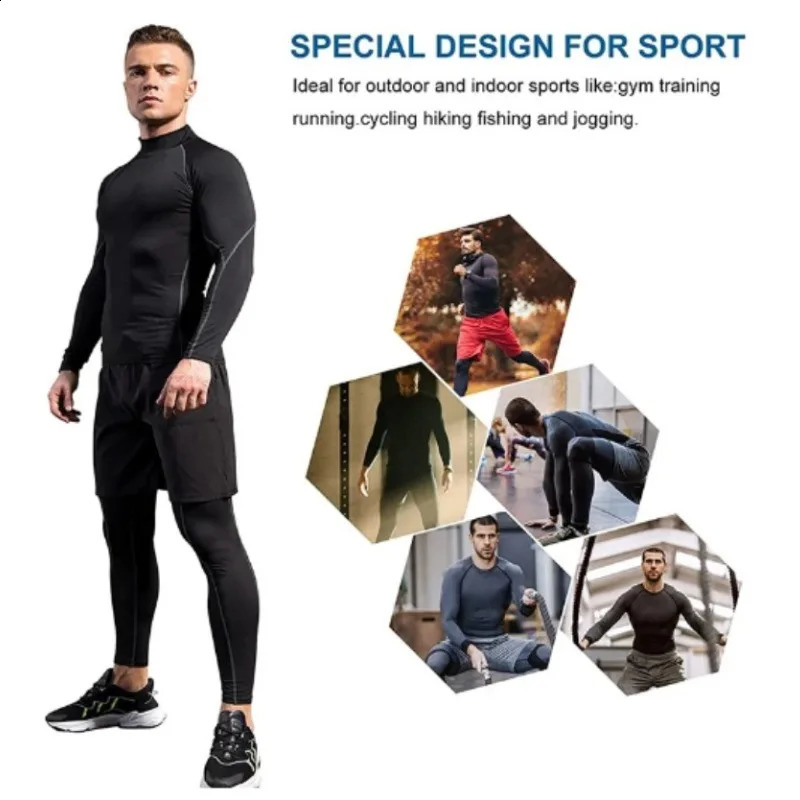 Mens sports Tshirt fitness suit quick drying and bodybuilding running long sleeved compression vest tight fitting sportswear 240827