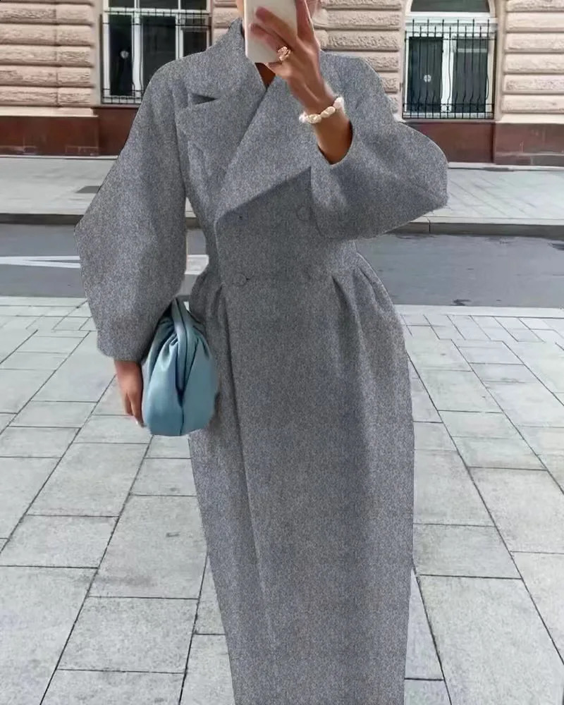 Autumn and Winter Vintage Style Lantern Sleeves Big Collar Wool Coat Long 240826