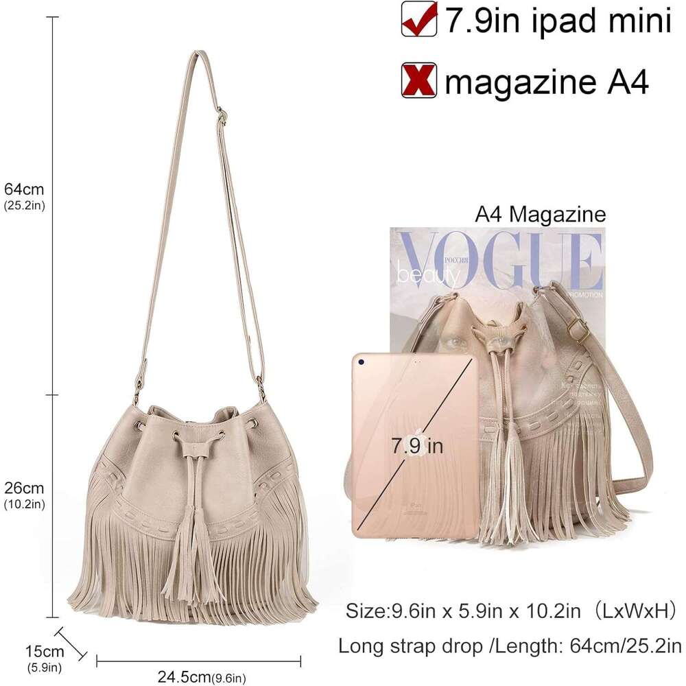 Leather Bucket Bag for Women: Crossbody Fringe Purse hot with Drawstring, Tassel Hobo & Shoulder Handbag